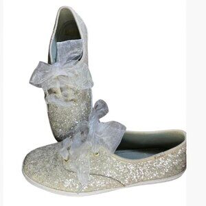 Keds by Kate Spade Champion Glitter Sneakers White Sheer Ribbon Laces Size 7 EUC